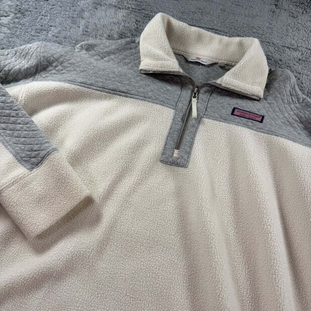 Vineyard Vines Womens Medium Cream Sherpa Quilted Grey 1/4 Zip Fleece Pullover